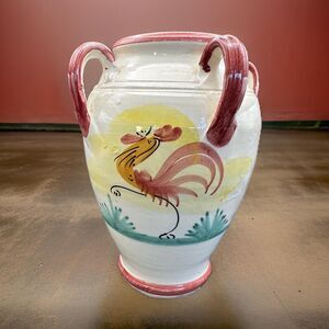 Italian Terra Cotta Rooster Vase with Four Handles Hand Painted 8 Inch 1970s
